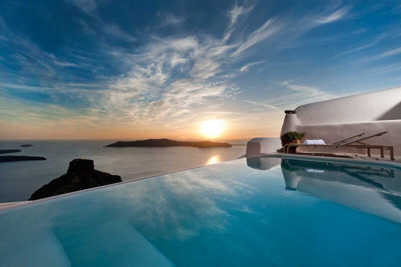 Infinity Pool Overlooking Sea — Blue, Serene, Sunset, Photograph, Island, Lounge Chair