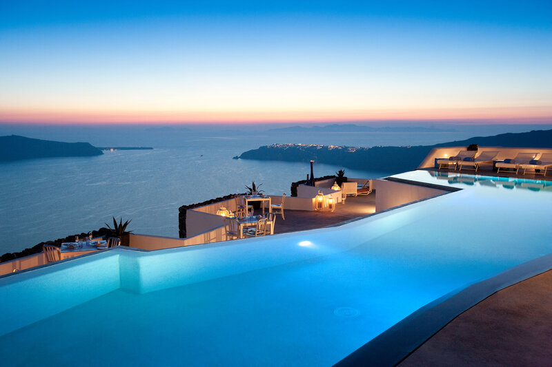 Infinity Pool Overlooking Sea — Blue, Serene, Sunset, Photograph