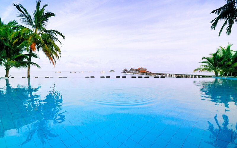 Infinity pool overlooking tropical resort