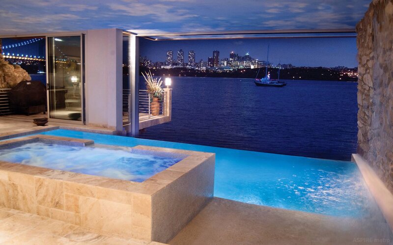 Infinity Pool with City View — Blue, Serene, Night, Photograph, Hot Tub