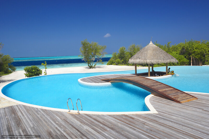 Infinity Pool with Gazebo — Blue, Serene, Afternoon, Photograph, Wooden Deck