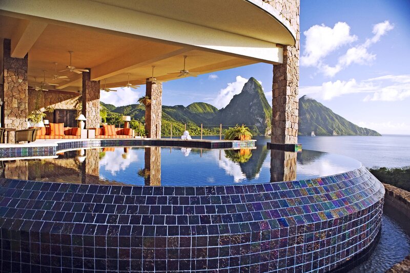 Infinity Pool with Mountain View — Blue, Serene, Afternoon, Photograph, Mountains, Ocean, Lounge Area