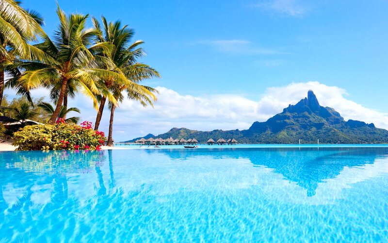 Infinity Pool with Mountain View — Blue, Serene, Afternoon, Photograph, Palm Trees