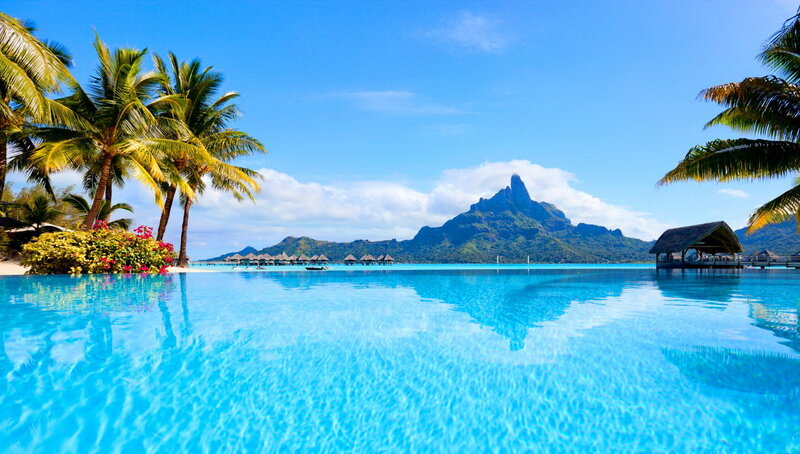 Infinity Pool with Mountain View — Blue, Serene, Afternoon, Photograph