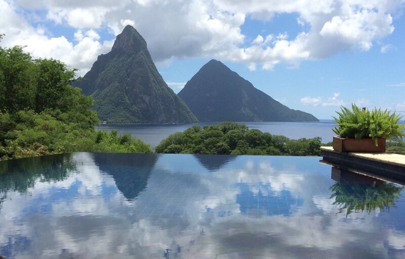 Infinity Pool with Mountains — Blue, Serene, Afternoon, Photograph
