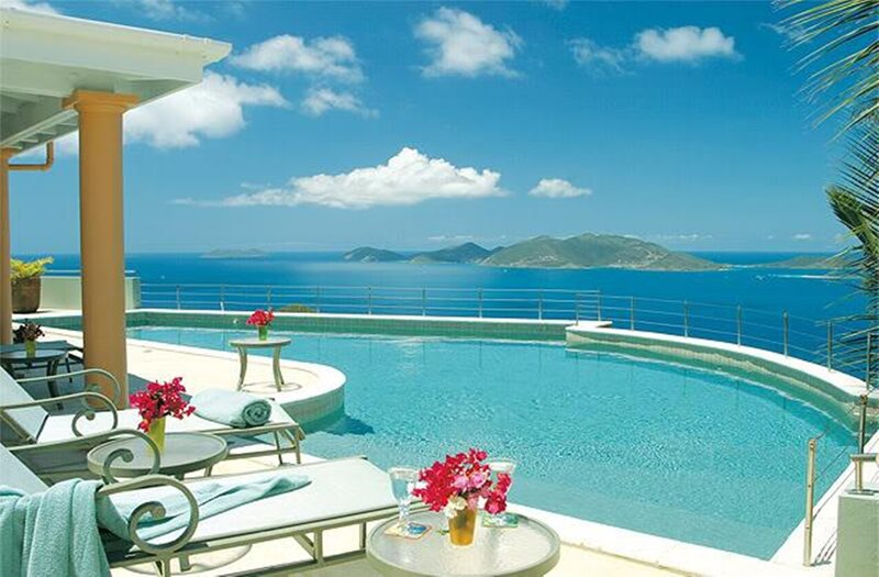 Infinity Pool with Ocean View — Blue, Serene, Afternoon, Photograph, Lounge Chairs, Flowers