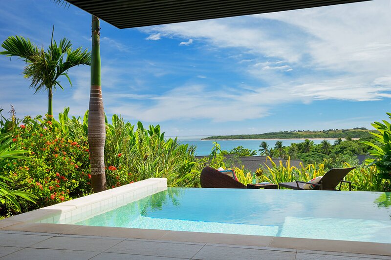 Infinity Pool with Ocean View — Blue, Serene, Afternoon, Photograph, Palm Tree, Lounge Chair