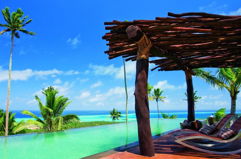 Infinity Pool with Ocean View — Blue, Serene, Afternoon, Photograph, Palm Trees, Lounge Chairs