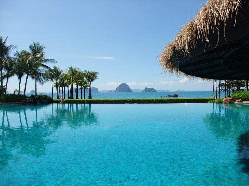 Infinity Pool with Ocean View — Blue, Serene, Afternoon, Photograph, Palm Trees