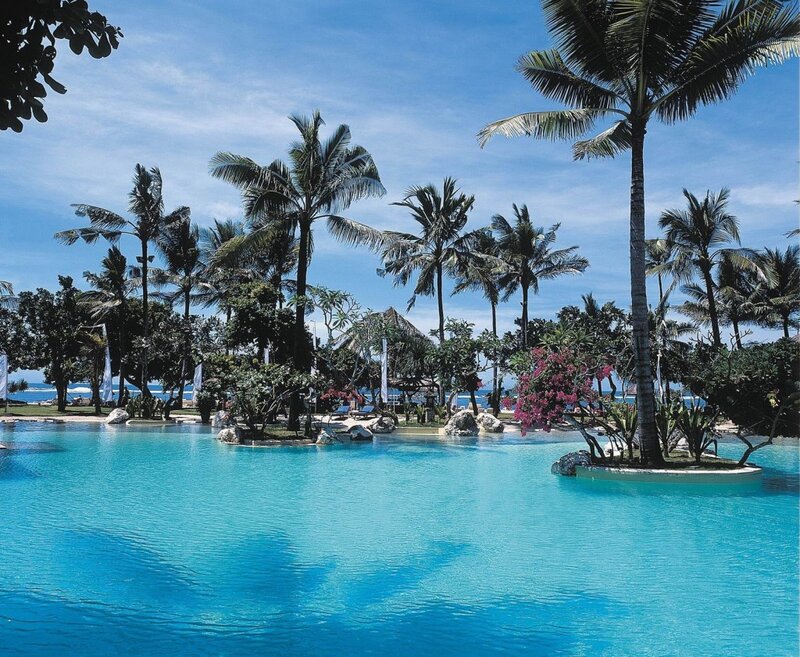 Infinity Pool with Palm Trees — Blue, Serene, Afternoon, Photograph, Palm Trees, Ocean, Flowers