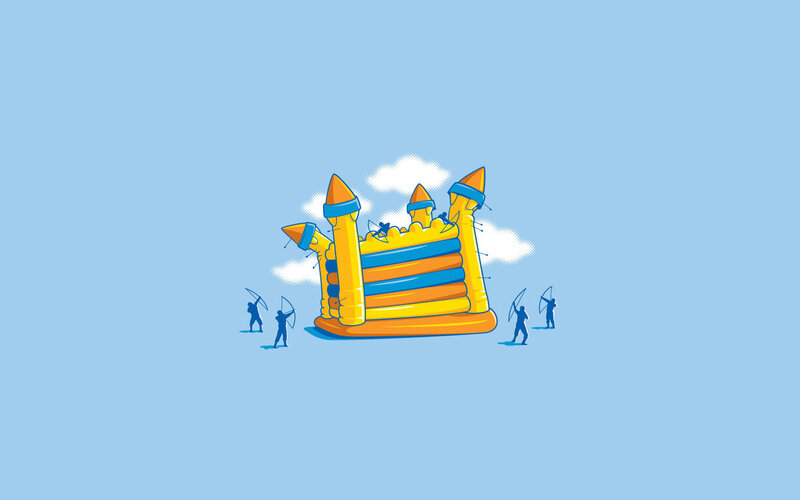 Inflatable Castle with Archers — Blue, Playful, Illustration, Clouds