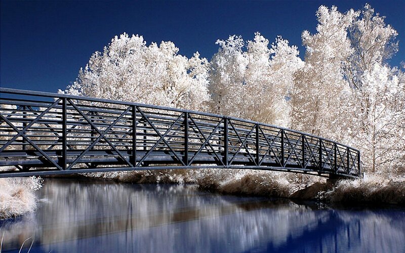 Infrared Bridge over River — Blue