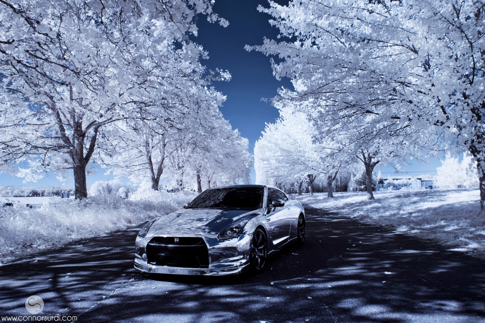 Infrared car on a tree-lined road