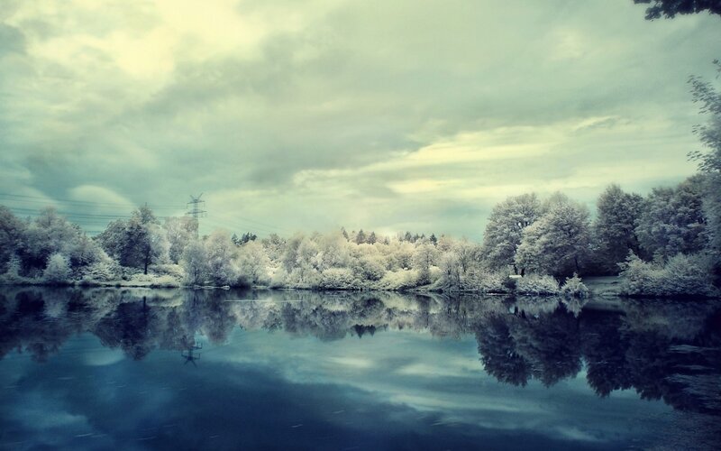 Infrared Forest Lake — Blue, Serene, Photograph, Trees, Power Lines, Reflection