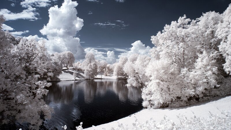 Infrared Forest Lake — White, Dramatic, Winter, Photograph