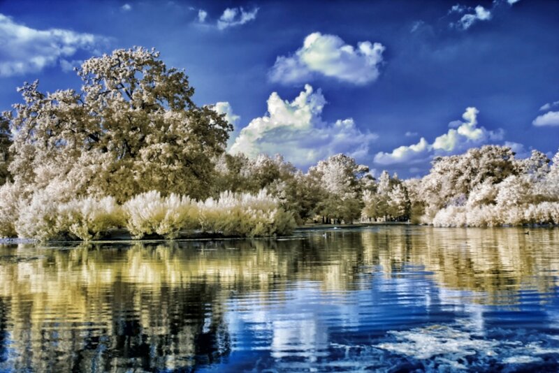 Infrared Lake Landscape — Blue, Serene, Afternoon, Photograph, Trees, Clouds