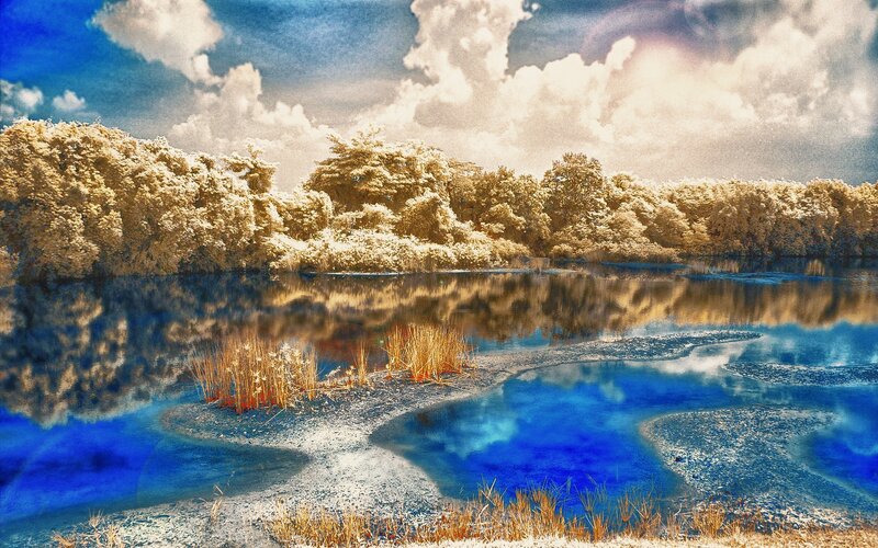 Infrared Lake Landscape — Blue, Serene, Afternoon