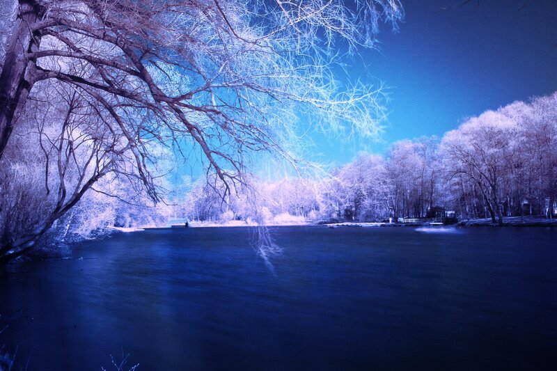 Infrared Lake Landscape — Blue, Serene, Night, Photograph, Trees, River