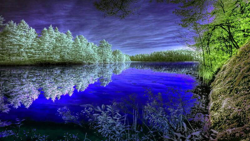 Infrared Lake Landscape — Blue, Serene, Night