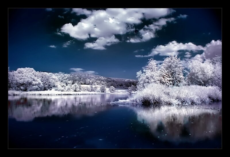 Infrared Lake Landscape — Blue, Serene, Photograph, Trees, Clouds, Reflection