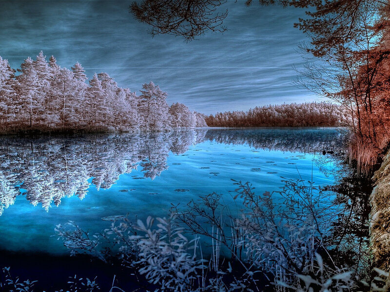 Infrared Lake Landscape — Blue, Serene, Photograph, Trees, Reflection, Sky