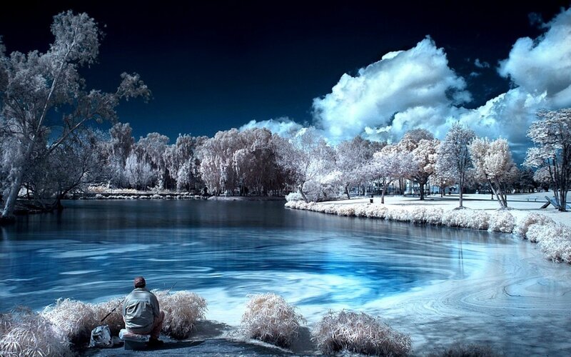 Infrared lake scene with fisherman