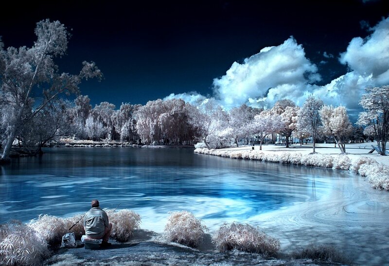 Infrared lake scene with fisherman