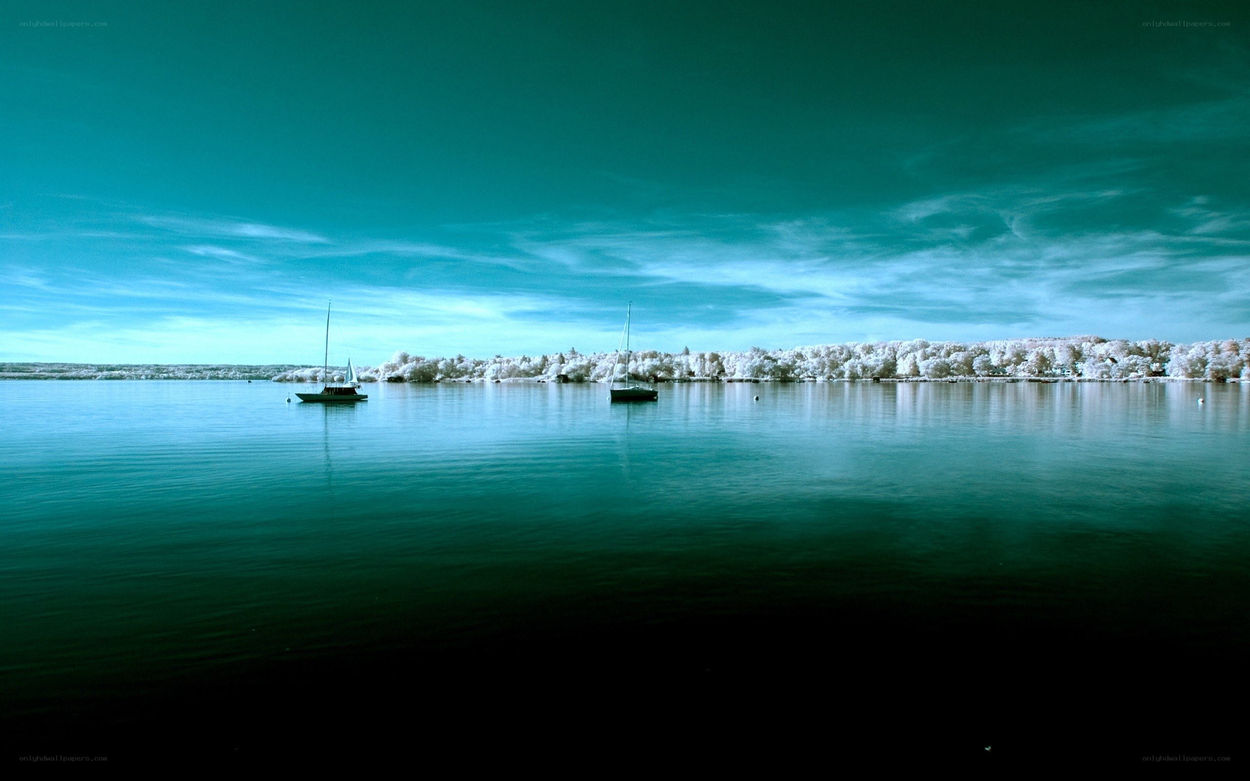 Infrared lake with sailboats