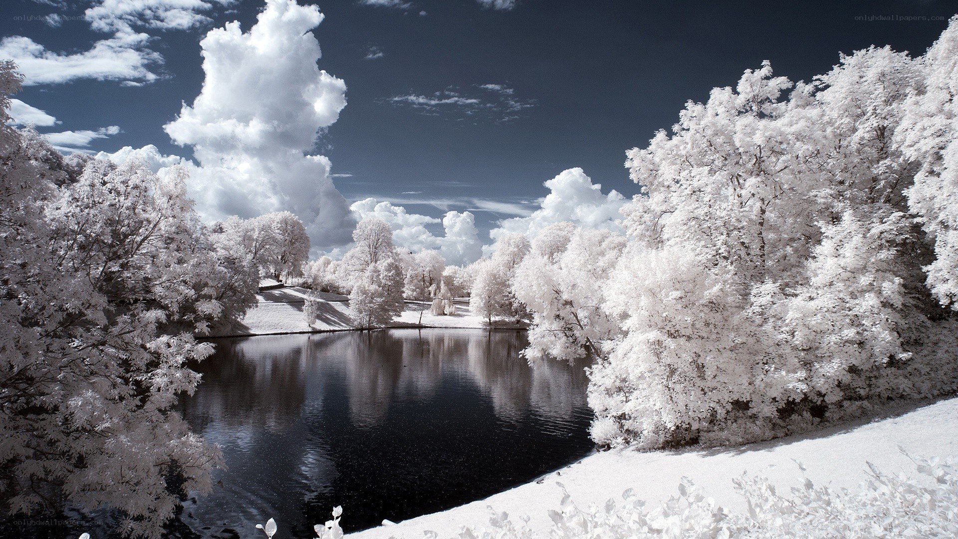 Infrared landscape with lake