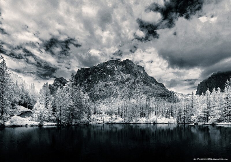 Infrared mountain lake landscape