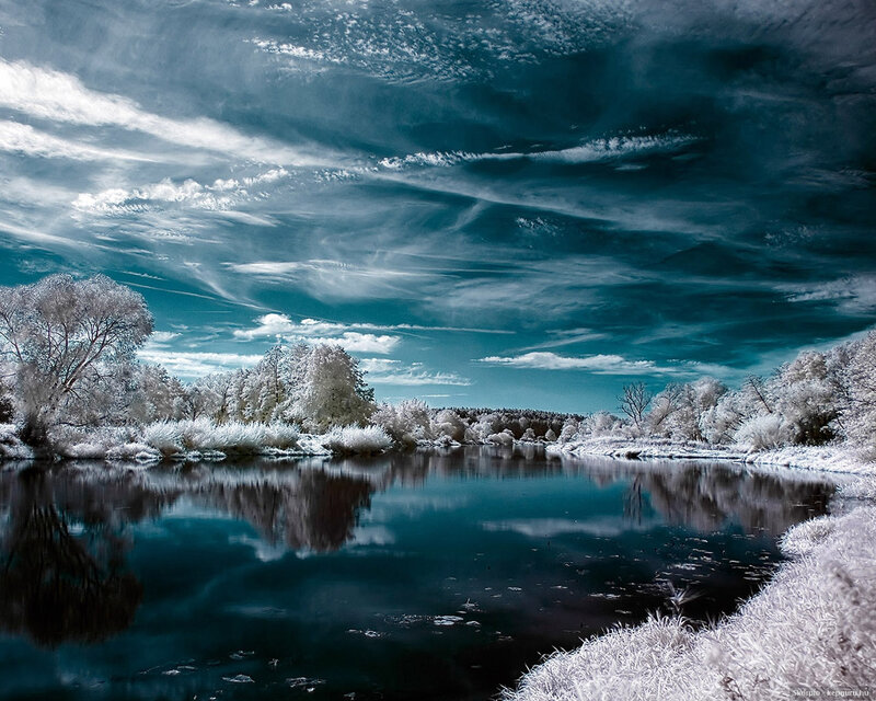 Infrared River Landscape — Blue, Dramatic, Photograph