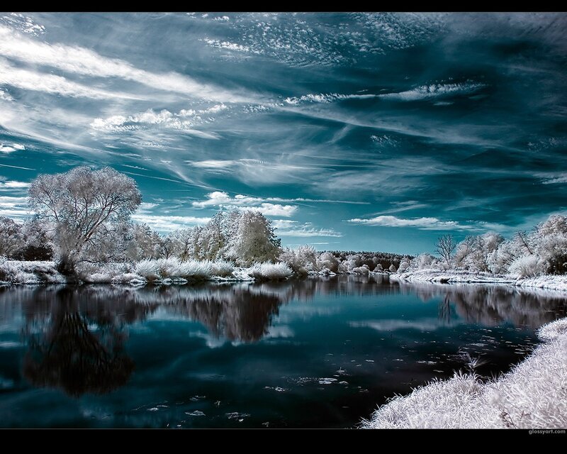 Infrared River Landscape — Blue, Dramatic, Photograph, Trees, Sky