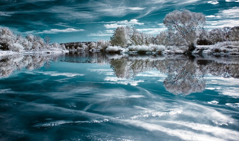 Infrared River Landscape — Blue, Serene, Winter