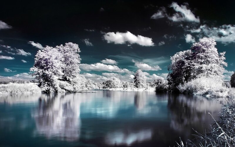 Infrared River Landscape — White, Dramatic, Photograph