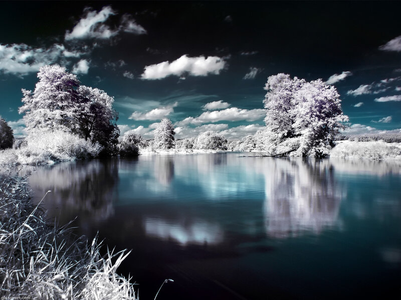 Infrared River Landscape — White, Dramatic, Photograph, Trees, Clouds