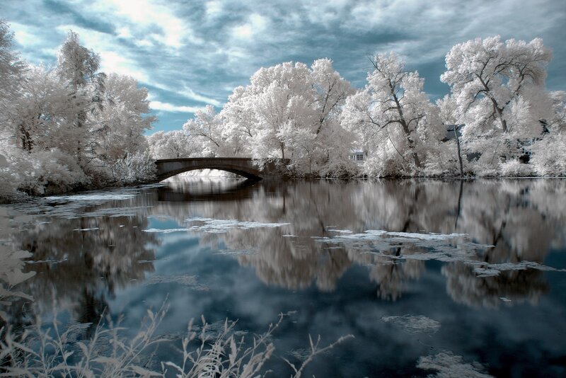 Infrared River Landscape — White, Serene, Photograph, Bridge