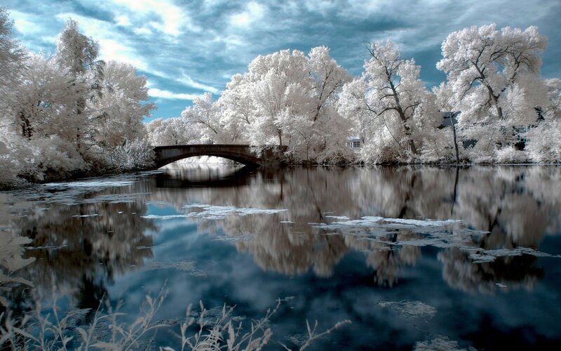 Infrared River Landscape — White, Serene, Photograph, Bridge, Trees
