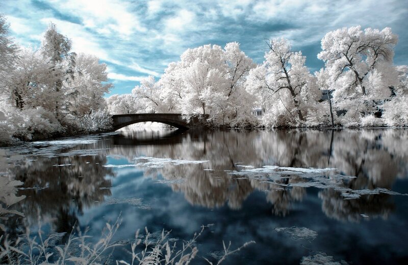 Infrared River Landscape — White, Serene, Photograph
