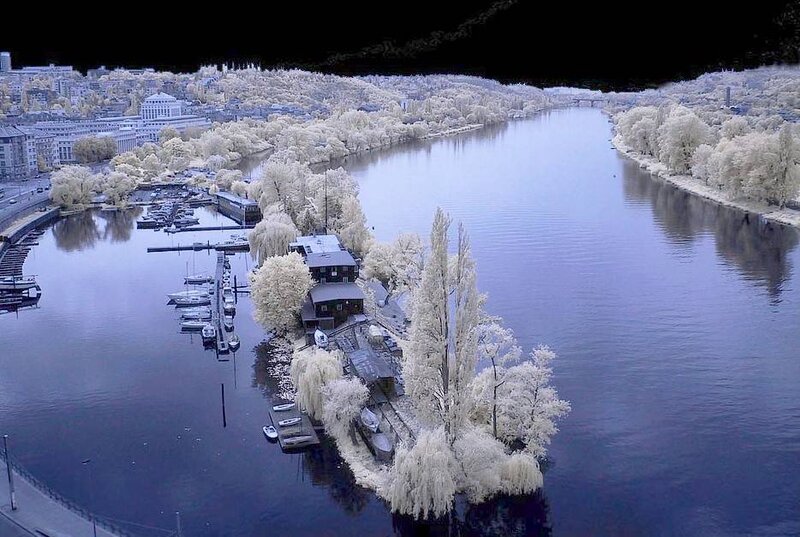 Infrared river view of city