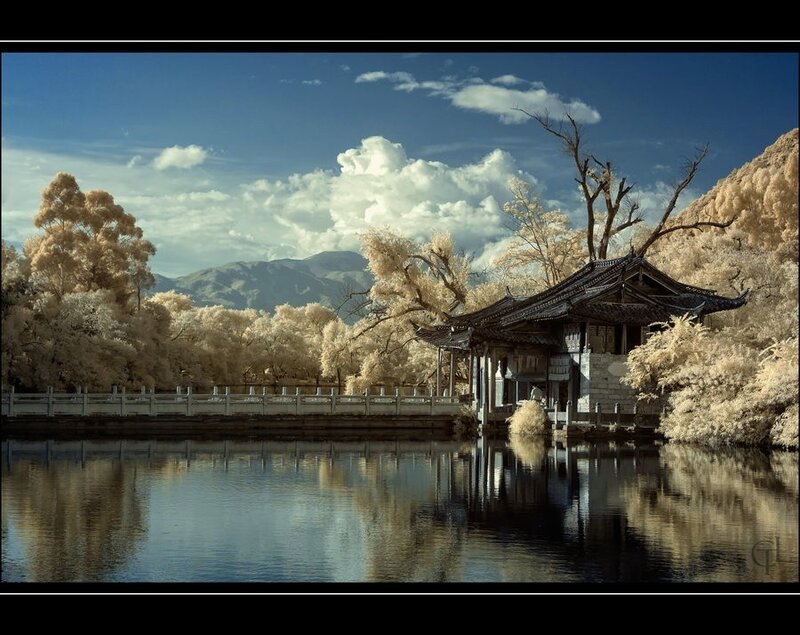 Infrared temple by the lake