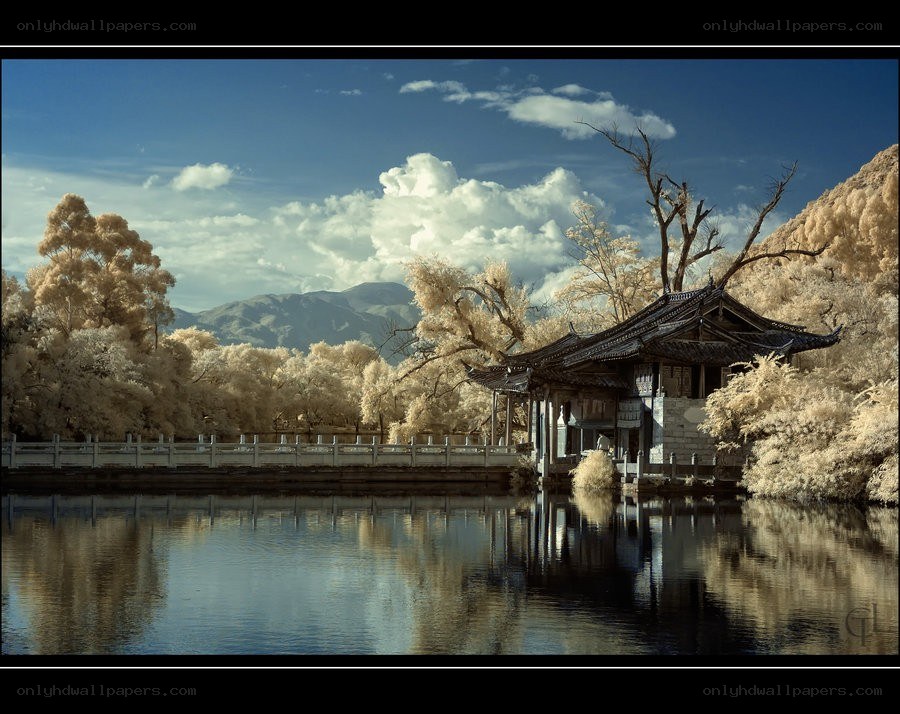 Infrared temple by the lake