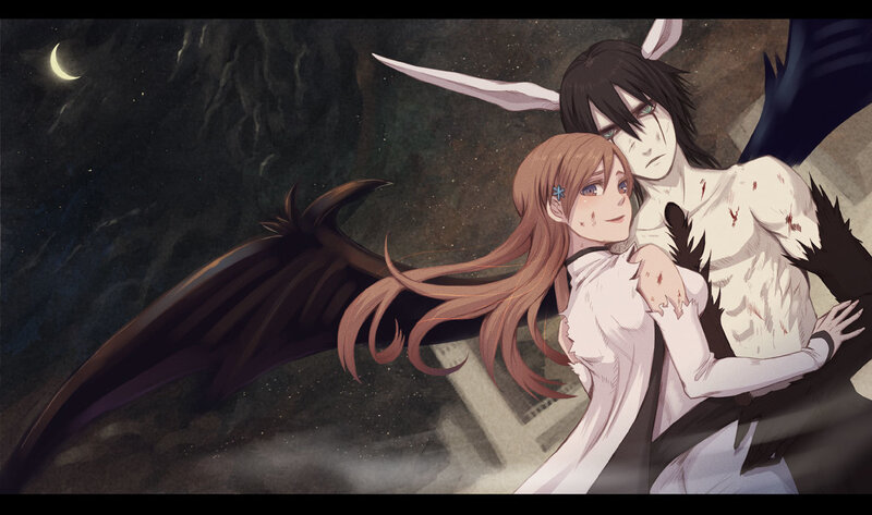 Injured angel embraces companion