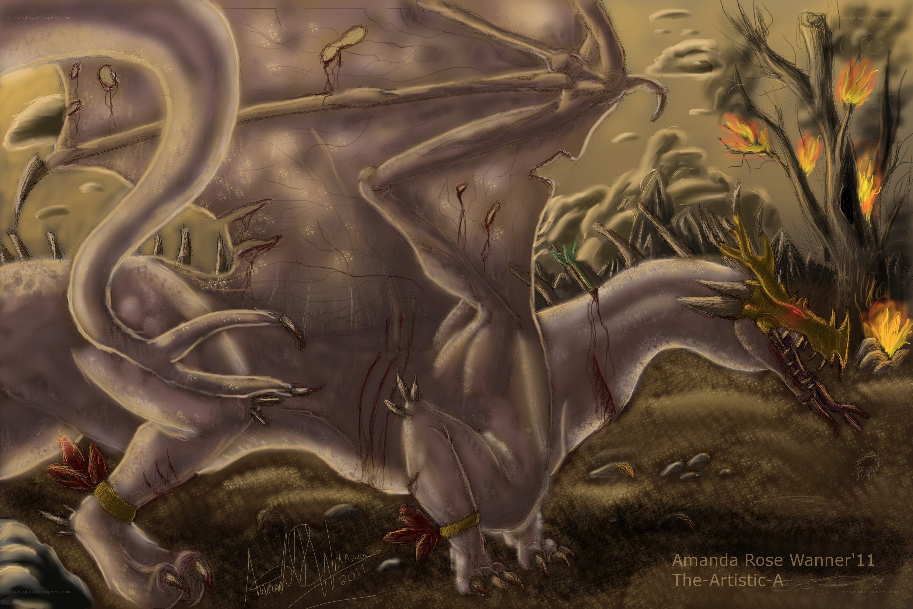 Injured dragon in a desolate landscape