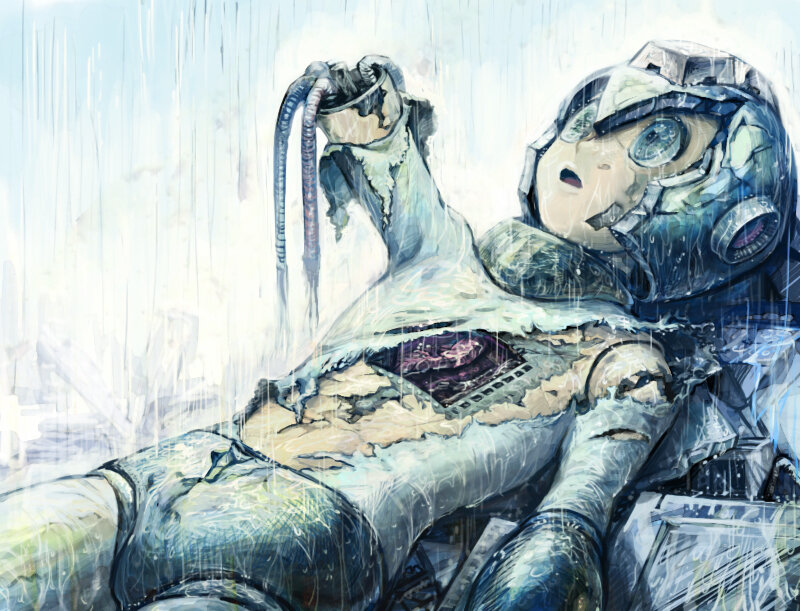 Injured robot in the rain
