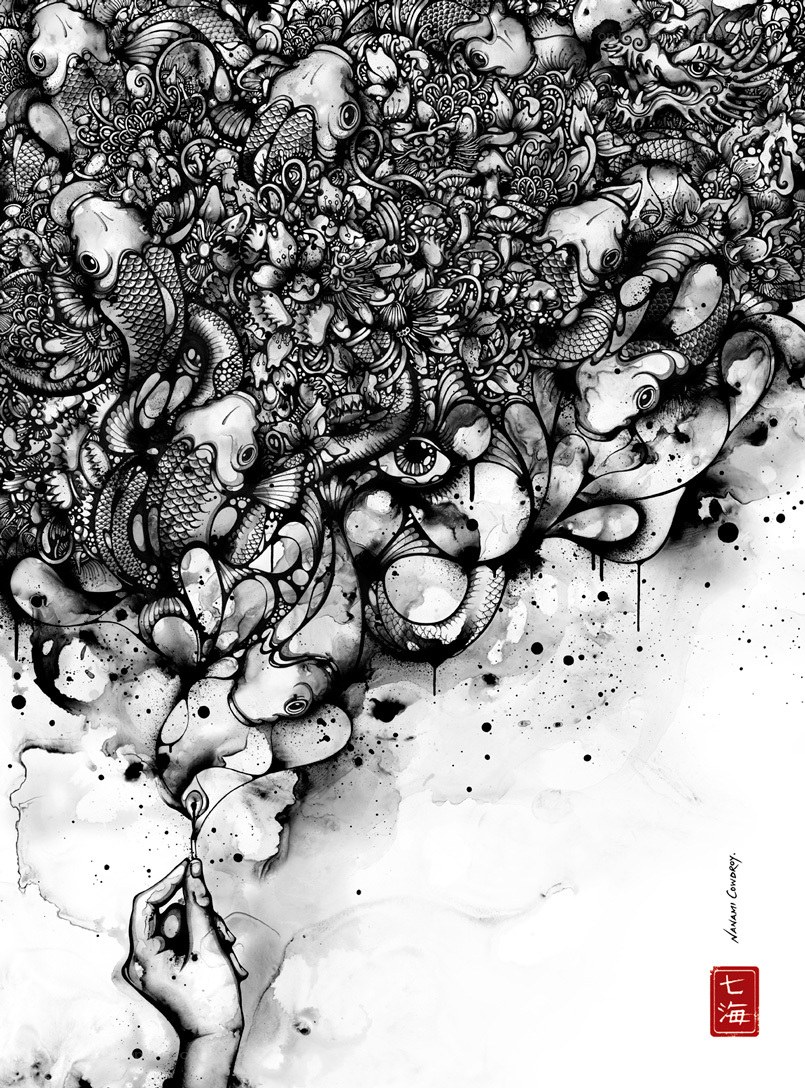 Ink art with fish and hand