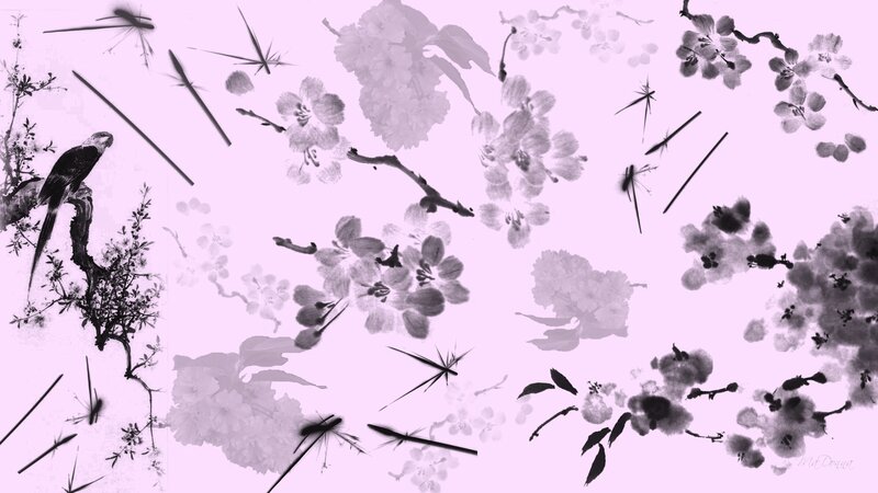 ink wash floral and bird art