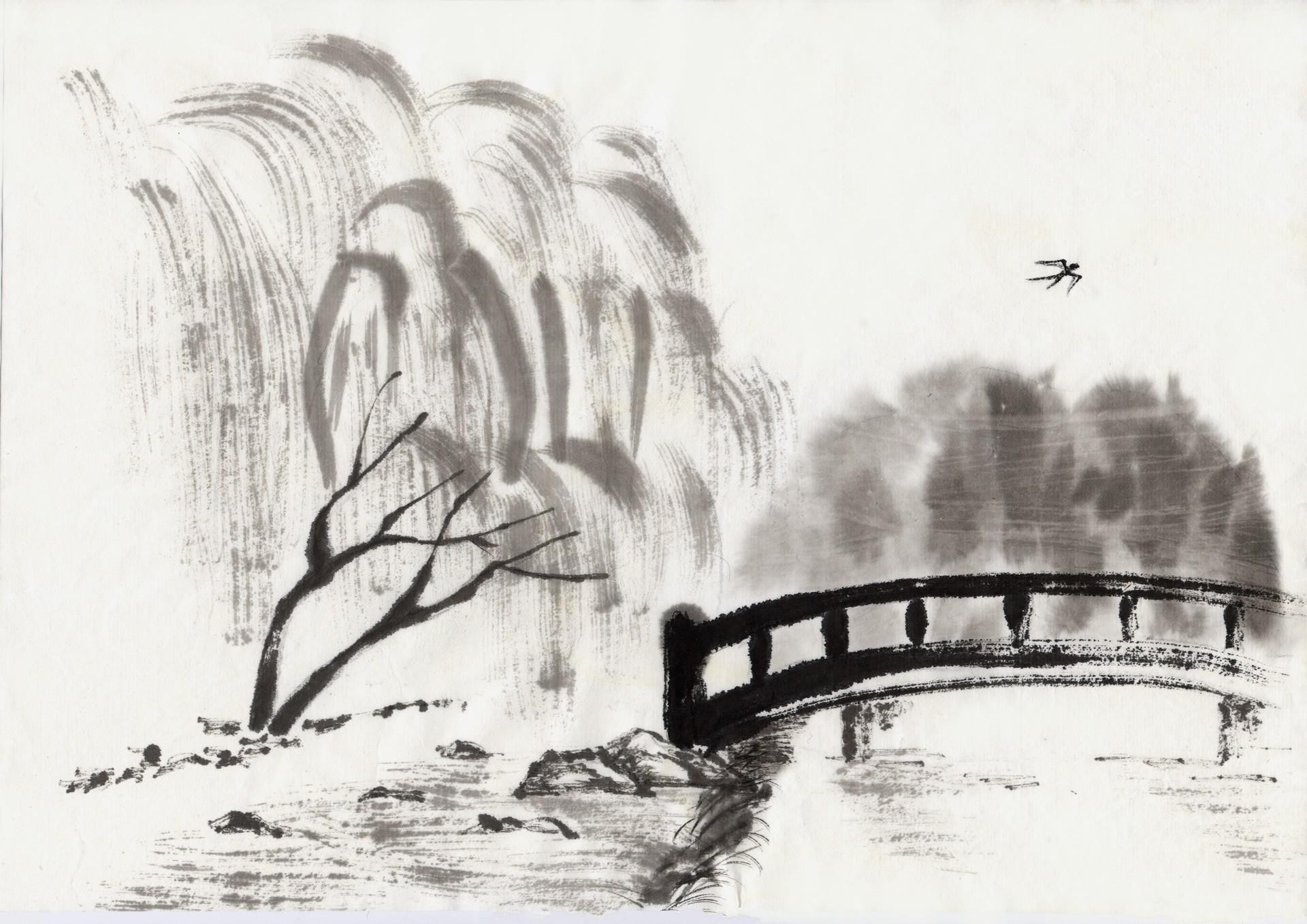 Ink wash landscape with bridge