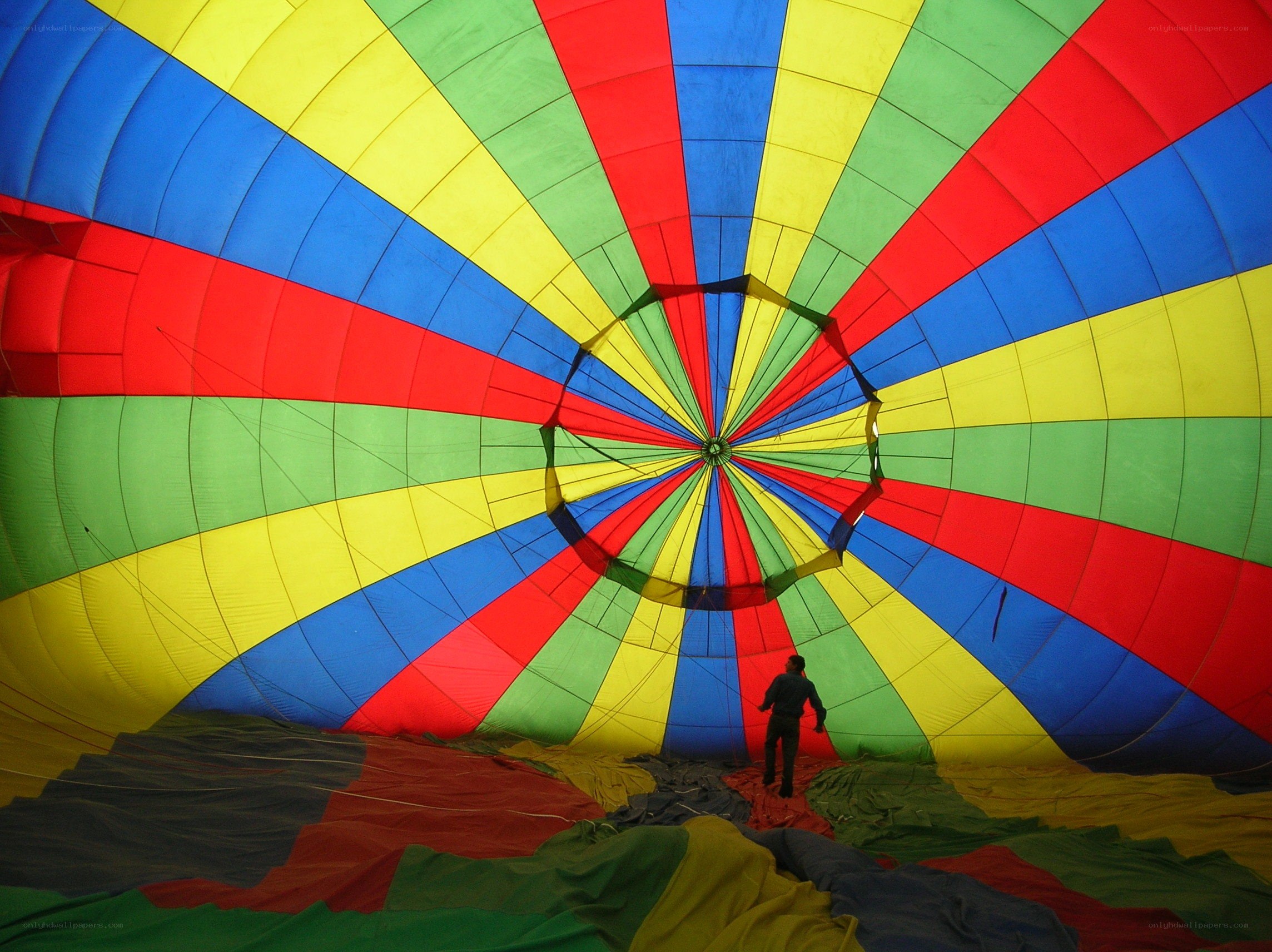 Inside a colorful hot air balloon