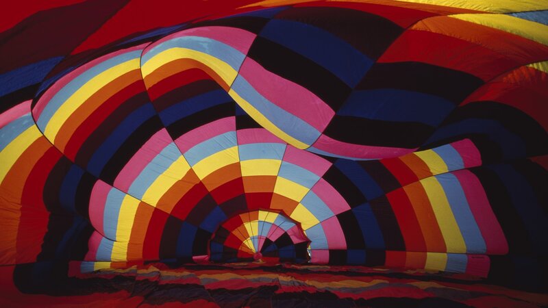 Inside a colorful hot air balloon