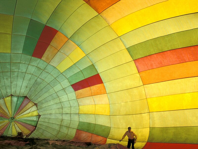 Inside a colorful hot air balloon